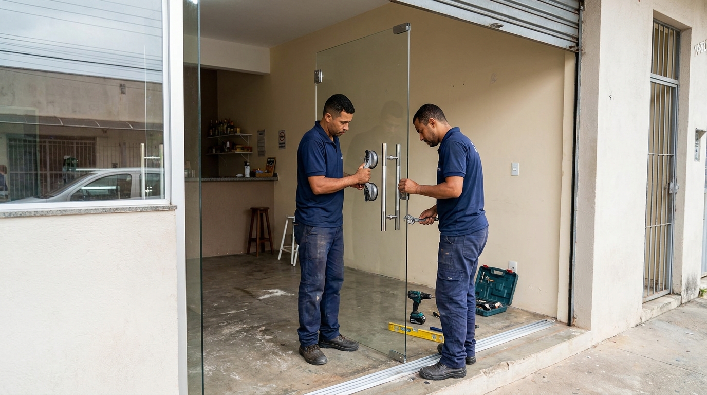 Equipe instalando porta de vidro em Maceió-AL